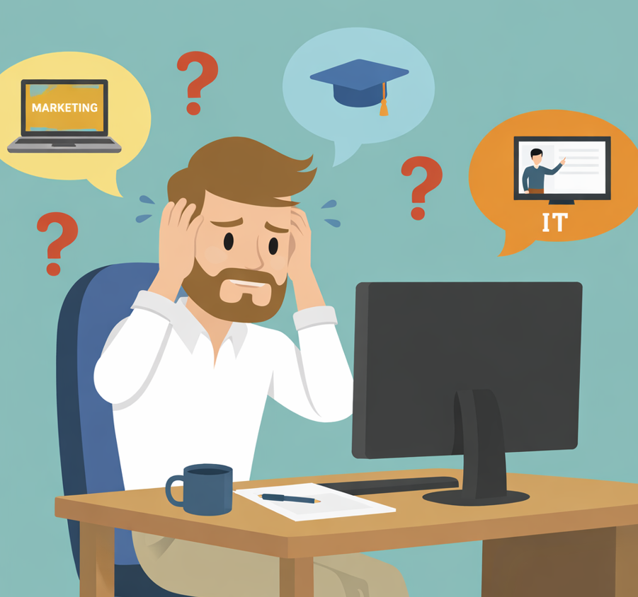 ilustración de un hombre sufriendo frustración por no poder decidirse con claridad sobre qué cursos o formaciones online elegir