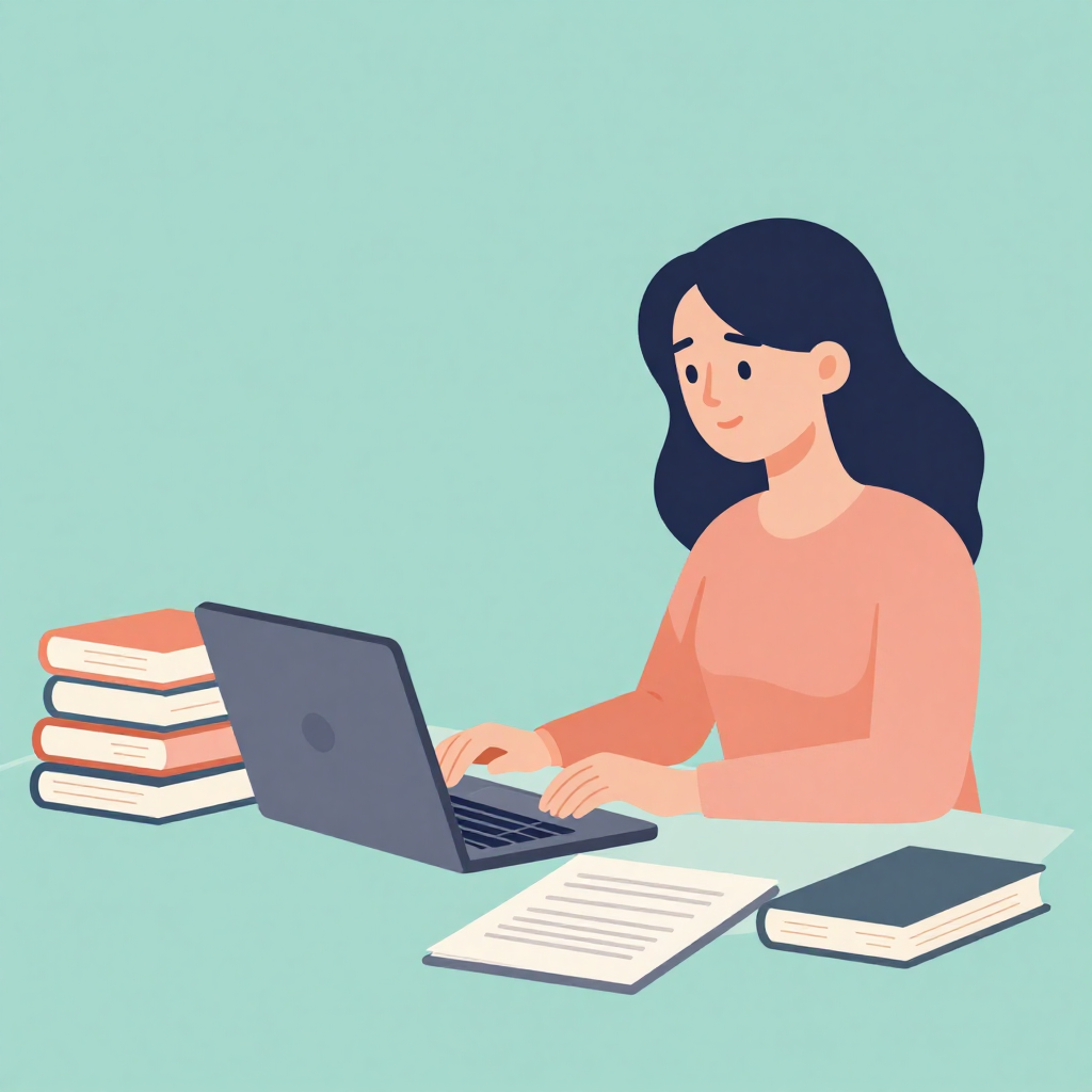 ilustración de una mujer estudiando en su portátil con apuntes, representando el aprendizaje en formaciones online