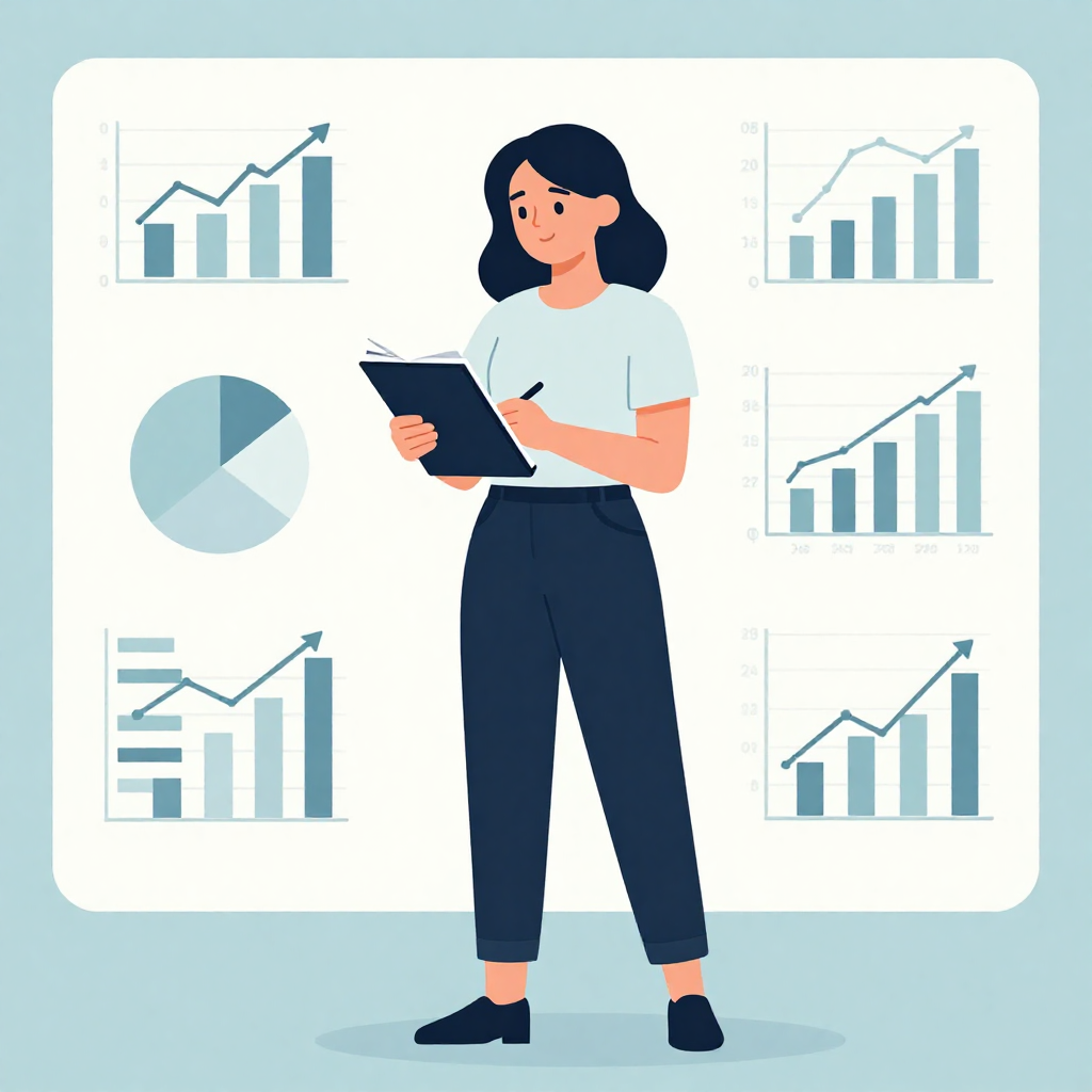 ilustración de una mujer analizando un proyecto, modelo de negocio o formación online para posteriormente hacer un buen informe y poder recomendarle