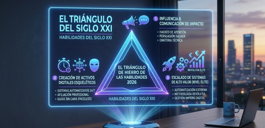 Infografía de las 3 habilidades de alto valor en 2026: Comunicación, Activos Digitales y Sistemas.