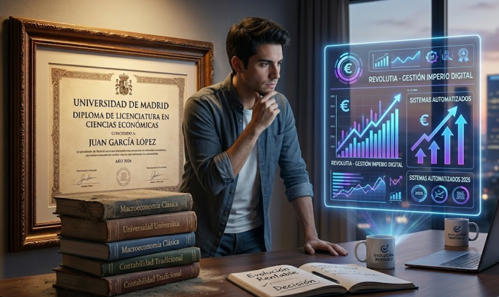 Decisión entre educación tradicional o formación en sistemas y activos digitales rentables.