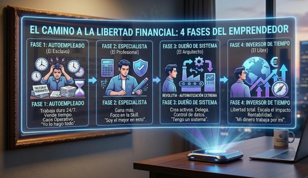 Infografía de las fases del emprendimiento: de autoempleado a dueño de sistemas rentables.