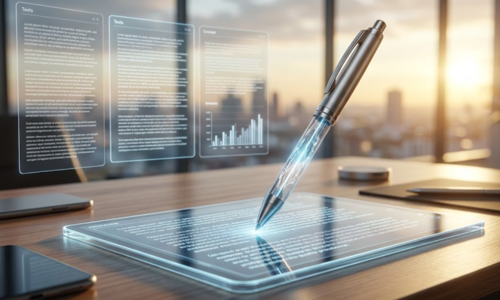 Primer plano fotorrealista de una pluma futurista toqueando una pantalla táctil transparente donde se materializa texto de alta calidad. El bolígrafo canaliza filamentos de datos digitales flotantes que representan volumen masivo, mientras el fondo muestra el skyline de Madrid al atardecer, evocando productividad inteligente y eficiencia premium.