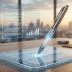 Primer plano fotorrealista de una pluma futurista toqueando una pantalla táctil transparente donde se materializa texto de alta calidad. El bolígrafo canaliza filamentos de datos digitales flotantes que representan volumen masivo, mientras el fondo muestra el skyline de Madrid al atardecer, evocando productividad inteligente y eficiencia premium.