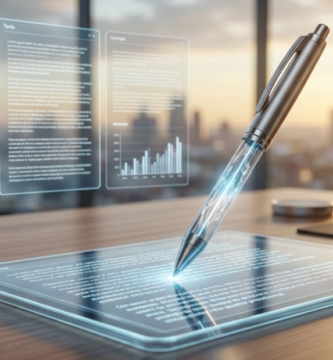 Primer plano fotorrealista de una pluma futurista toqueando una pantalla táctil transparente donde se materializa texto de alta calidad. El bolígrafo canaliza filamentos de datos digitales flotantes que representan volumen masivo, mientras el fondo muestra el skyline de Madrid al atardecer, evocando productividad inteligente y eficiencia premium.