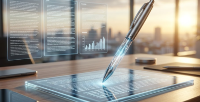 Primer plano fotorrealista de una pluma futurista toqueando una pantalla táctil transparente donde se materializa texto de alta calidad. El bolígrafo canaliza filamentos de datos digitales flotantes que representan volumen masivo, mientras el fondo muestra el skyline de Madrid al atardecer, evocando productividad inteligente y eficiencia premium.
