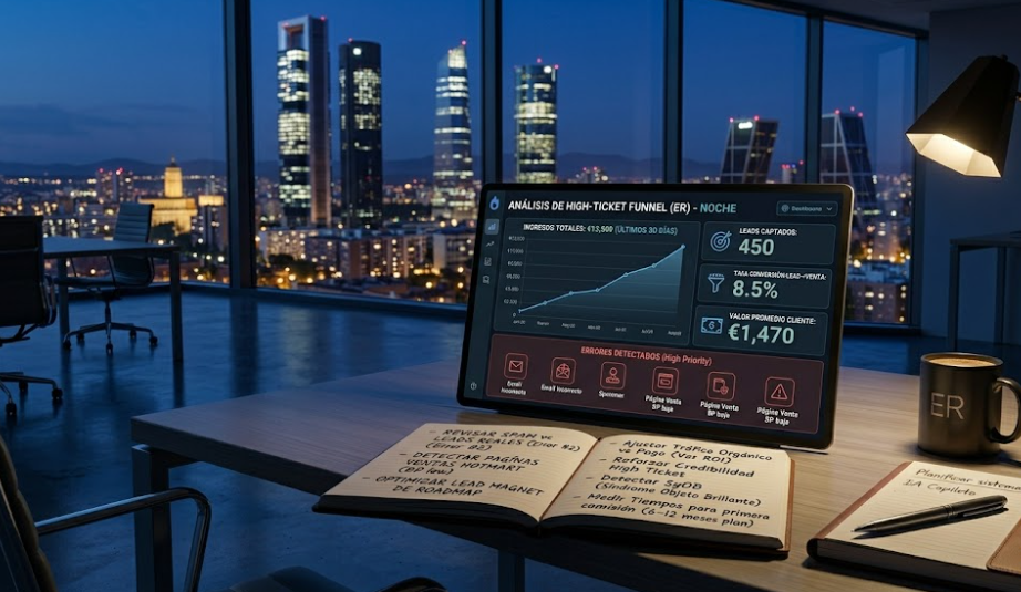 Monitor en modo oscuro mostrando embudo de ventas junto a libreta con notas en Madrid de noche.