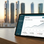 Tablet sobre escritorio mostrando gráfico de ingresos crecientes en la interfaz de Hotmart con vistas de fondo a Madrid al atardecer.