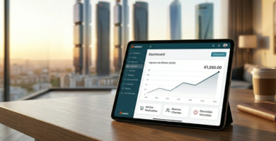 Tablet sobre escritorio mostrando gráfico de ingresos crecientes en la interfaz de Hotmart con vistas de fondo a Madrid al atardecer.