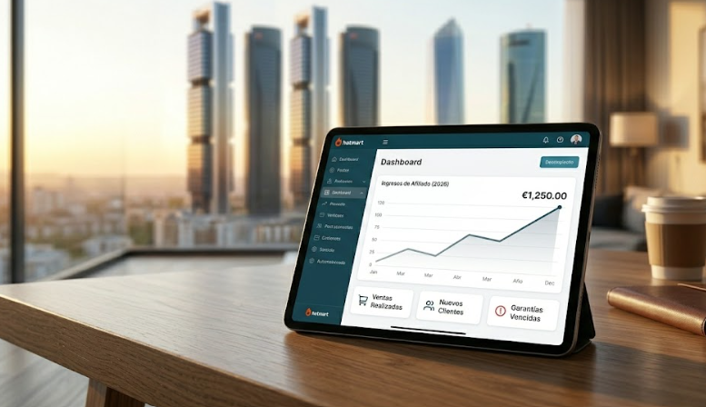 Tablet sobre escritorio mostrando gráfico de ingresos crecientes en la interfaz de Hotmart con vistas de fondo a Madrid al atardecer.