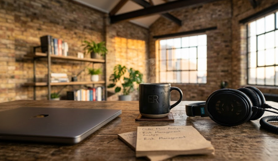 Auriculares de estudio y taza de café sobre mesa de madera envejecida en un loft, representando el estilo de vida enfocado de un trader rentable.