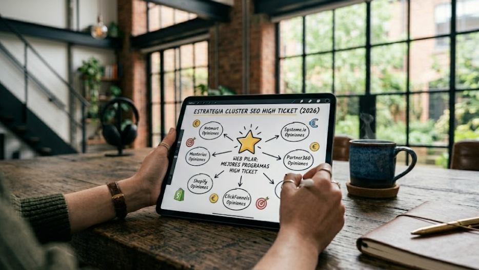 Persona diseñando la estrategia de un cluster SEO para afiliación high ticket en una tablet sobre escritorio rústico.