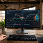 Pantalla con gráficos de volumen y Order Flow en un escritorio rústico de un loft industrial, analizando si se puede vivir del trading en 2026.