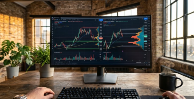 Pantalla con gráficos de volumen y Order Flow en un escritorio rústico de un loft industrial, analizando si se puede vivir del trading en 2026.