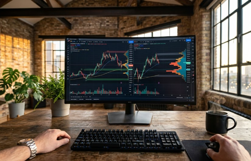 Pantalla con gráficos de volumen y Order Flow en un escritorio rústico de un loft industrial, analizando si se puede vivir del trading en 2026.