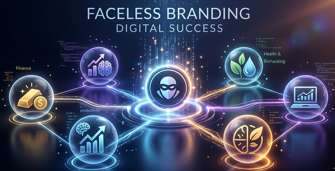 Infografía digital en 3D sobre el éxito del faceless branding conectando esferas de nichos rentables como finanzas, productividad y salud.