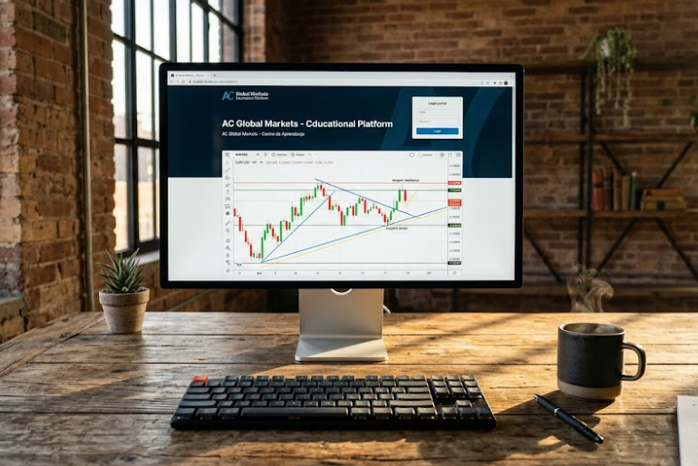 Pantalla con curso de acción del precio de AC Global Markets sobre un escritorio de madera maciza en un loft industrial iluminado por la tarde.