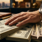 Fajis de billetes de dólares en un escritorio elegante con reloj de lujo, representando el objetivo de capitalización al aprender cómo empezar en trading con poco dinero.