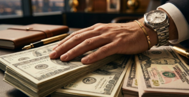 Fajis de billetes de dólares en un escritorio elegante con reloj de lujo, representando el objetivo de capitalización al aprender cómo empezar en trading con poco dinero.