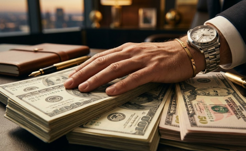 Fajis de billetes de dólares en un escritorio elegante con reloj de lujo, representando el objetivo de capitalización al aprender cómo empezar en trading con poco dinero.