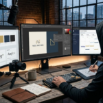 Creador digital con capucha trabajando en su escritorio con tres pantallas editando la identidad visual y el calendario de contenidos para una marca faceless desde cero.