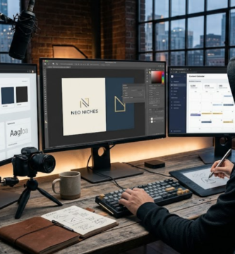 Creador digital con capucha trabajando en su escritorio con tres pantallas editando la identidad visual y el calendario de contenidos para una marca faceless desde cero.