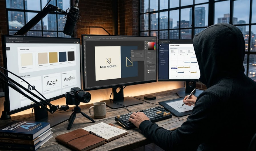 Creador digital con capucha trabajando en su escritorio con tres pantallas editando la identidad visual y el calendario de contenidos para una marca faceless desde cero.