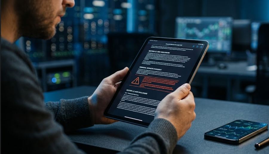 Tablet mostrando un documento de regulación financiera y advertencia legal al lado de un smartphone con gráficas, ilustrando la auditoría de JBH Financial Group.