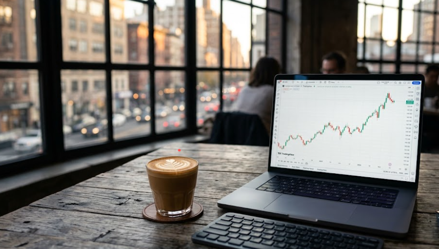 Ordenador portátil con gráficos de TradingView al lado de un café latte en una mesa rústica, ilustrando la flexibilidad al empezar en trading con poco dinero.